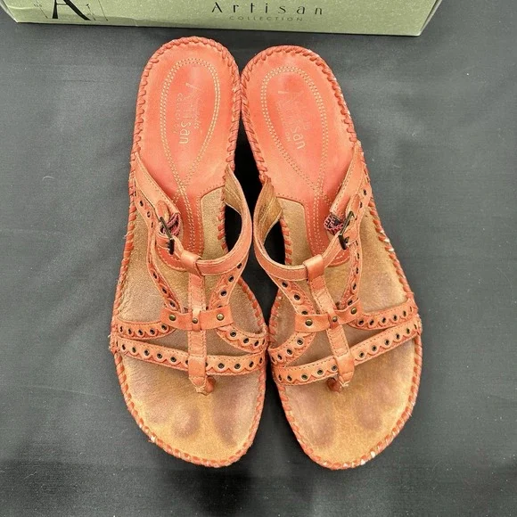 Clarks Artisan Sago Wedge Sandals Womens Size 8.5 Mango Leather Grommeted Straps - Picture 5 of 15